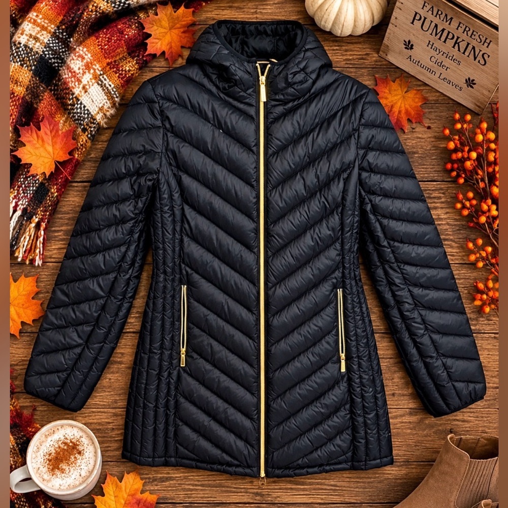 Michael Kors Black Hooded Quilted Puffer with Gold Zipper